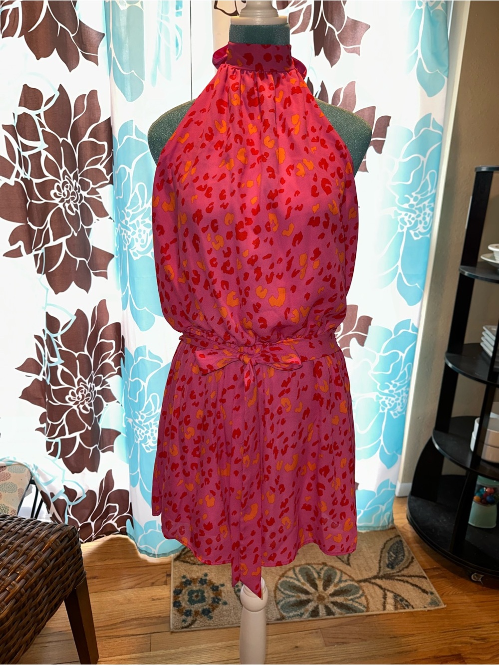 Pink Halter Tie-Waist Mini Romper with Red & Orange Print